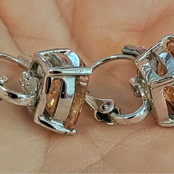 9mm Square Cut Apricot Champagne CZ Rhodium Plate Drop Earrings 0.75" long #NWOT - Picture 4 of 5